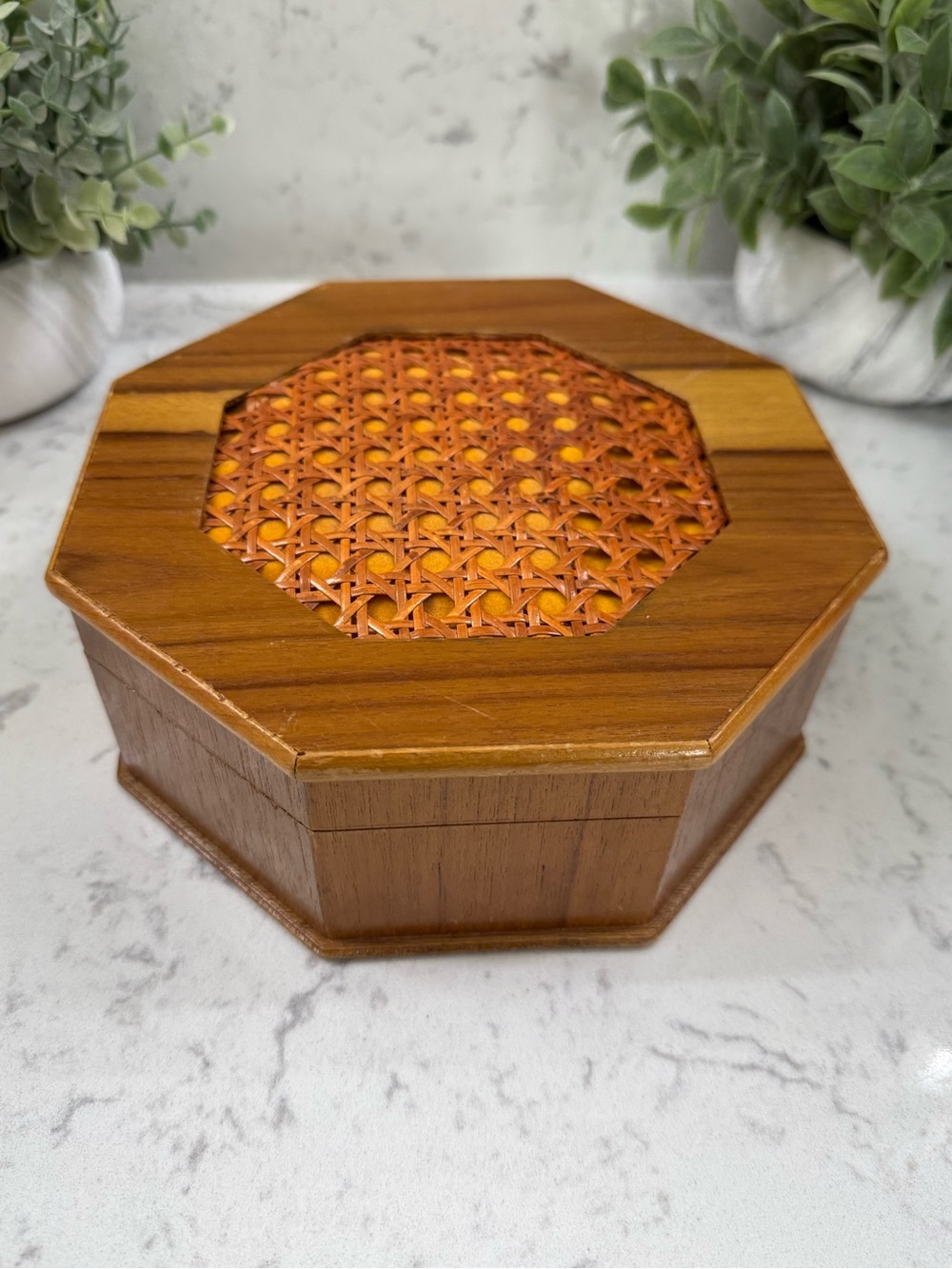Vintage Mid Century Modern Octagonal Teakwood Jewelry Box Wicker London Leather